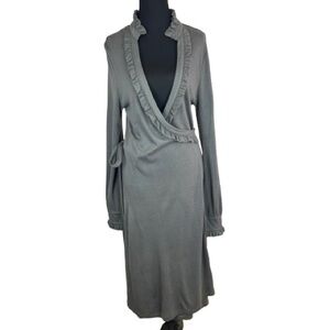 GAP Women’s Wool Blend Wrap Dress Size L Gray Ruffle Trim Long Sleeve Knit Midi